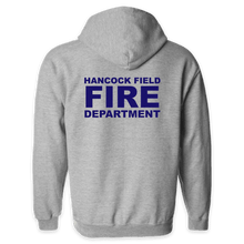 Load image into Gallery viewer, LEISURE WEAR- Hancock Fire Department Full Zip Hooded Sweatshirt (Blue Logo w/back)