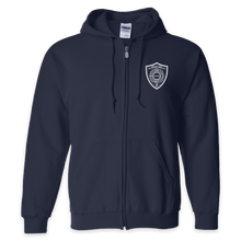 Load image into Gallery viewer, LEISURE WEAR- Hancock Fire Department Full Zip Hooded Sweatshirt (White Logo w/back)
